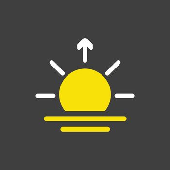 Sunrise vector glyph icon on dark background. Meteorology sign. Graph symbol for travel, tourism and weather web site and apps design, logo, app, UI