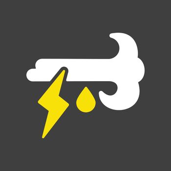 Wind rain lightning vector glyph icon on dark background. Meteorology sign. Graph symbol for travel, tourism and weather web site and apps design, app, UI