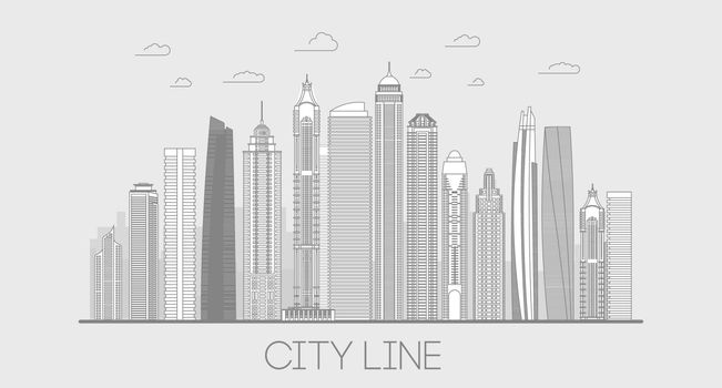 Line illustration city panorama. Cityscape line art building. Skyline thin line vector illustration.