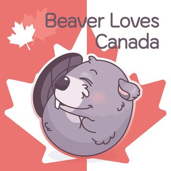Cute beaver canadian symbol kawaii character social media post mockup. Beaver loves Canada typography. Poster, card template with mascot and maple leaves. Social media content, print design layout