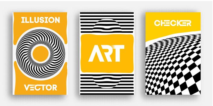 Vector Poster Set. Psychedelic pattern background optical illusion vector. Abstract 3d black and white lines background.