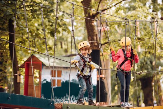 Rope park - climbing center. Carefree childhood. Happy Little girl and boy climbing a tree. Adventure climbing high wire park. Hike and kids concept.