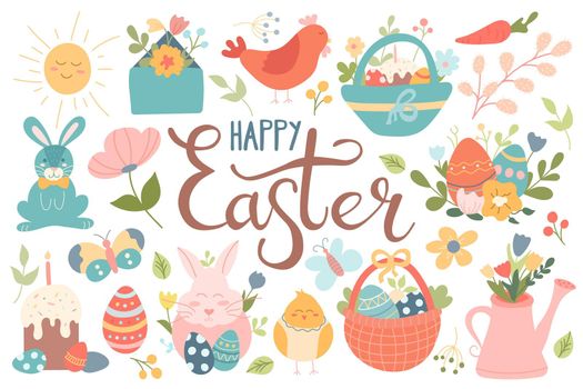 A large set of Easter design elements. Cake, eggs, flowers, rabbit, chicken, baskets. Spring festival. Vector image in flat style with hand lettering