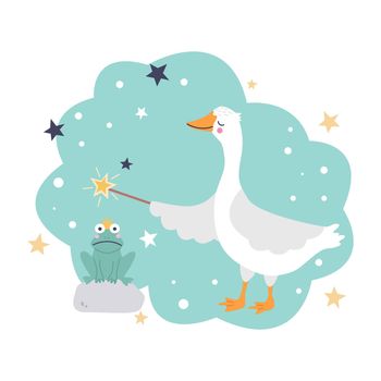 A cute goose with a magic wand is trying to turn a frog into a prince charming. Fun vector illustration. Decor for children's posters, postcards, clothing and interior
