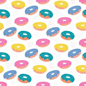 Colorful sugar donuts with icing on a white background. Vector seamless pattern in flat style
