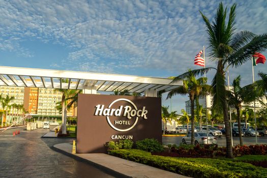 Cancun, Mexico - 16 September 2021: Hard Rock Cancun Hotel sign at the entrance of hotel. Luxury resort on Riviera Maya, Yucatan Peninsula
