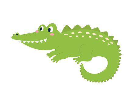 Cute funny green crocodile on white background. Vector image in a flat style. Decor for children's posters, postcards, clothing and interior