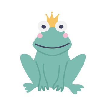 Funny cute frog with a crown. Vector image in a flat cartoon style on a white background. Decor for children's posters, postcards, clothing and interior