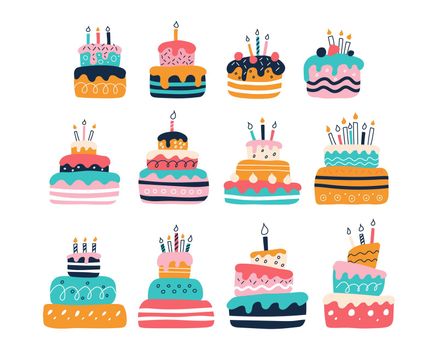 A large set of bright colorful cakes on a white background in the style of flat doodles. Vector illustration. Children's room decor, posters, postcards, clothing and interior items