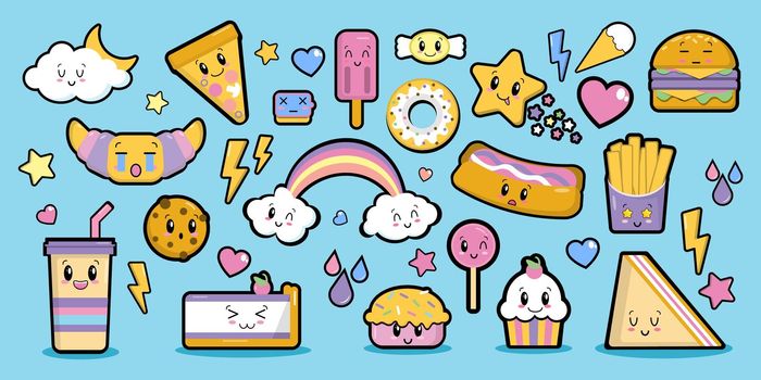 Fashion patch badges sweets with eyes in kawaii style elements on blue background, flat style objects for design. Funny food, characters for children, vector illustration EPS