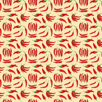 Digital illustration of a seamless pattern of red hot cayenne pepper pods on a yellow background