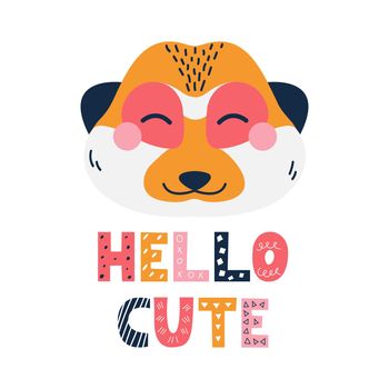 A bright cute meerkat face with a hand-written Hello on a white background. Vector illustration in a flat style. The decor of the children's room, posters, postcards and fabrics is a cheerful print