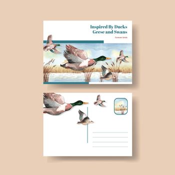 Postcard template with duck and swan concept,watercolor style
