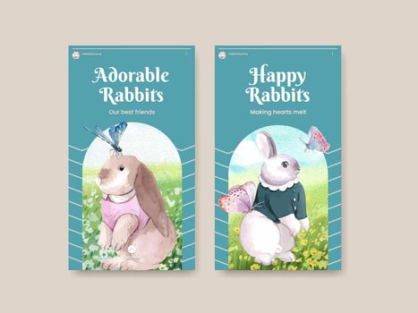 Instagram template with cute rabbit concept,watercolor style