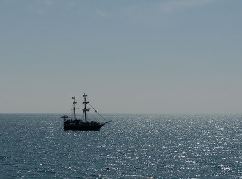SOCHI, LAZAREVSKOE, RUSSIA - 28-05-2021. Pirate ship. Pleasure pirate ship on the background of the sea