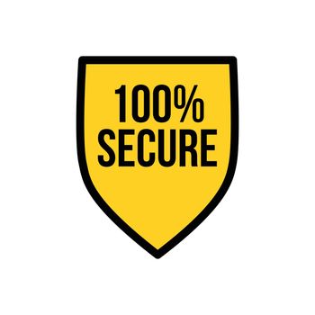 Yellow Shield 100 percent secured logo icon design template, privacy protection or security concept. Vector illustration isolated on white background.