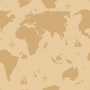 Hand drawn vector seamless map with compass and sailing ship. 