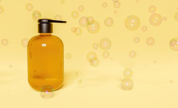 hand gel bottle on yellow background with soap bubbles