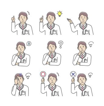 Young male doctor gesture variation illustration set