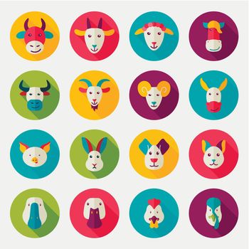 Farm animals flat icons with long shadow, eps 10