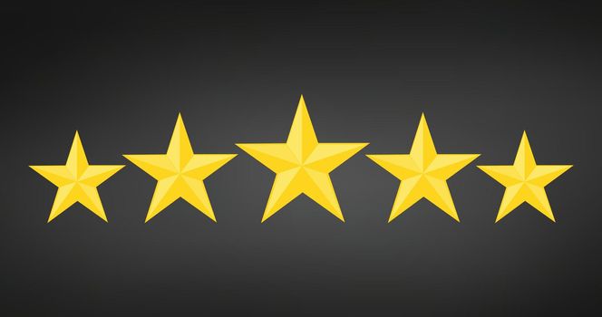 Five golden rating star vector illustration in black background.