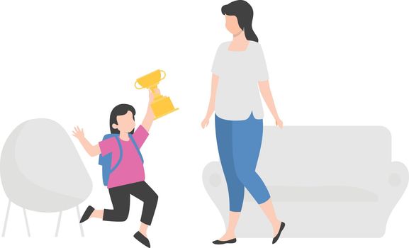 A kid taking up a trophy toward his mother and the mother standing near the sofa.