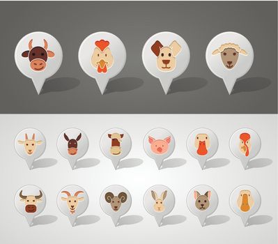 Farm animals mapping pins icons eps 10