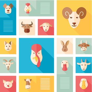 Abstract vector collection of colorful flat farm animals icons with long shadow. Design elements for mobile and web applications.eps 10