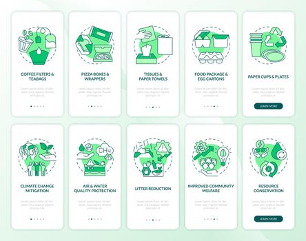 Biodegradable waste reduction onboarding mobile app page screen with concepts set