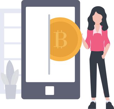 A girl pushing the bitcoin into the mobile phone.