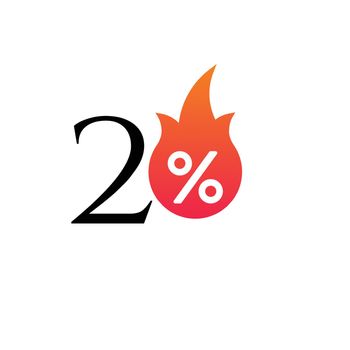 20 percent off with the flame, burning sticker, label or icon. Hot Sale flame and percent sign label, sticker. special offer, big sale, discount percent off. Vector illustration isolated on white background