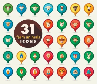 Set of farm animals flat pin map icon. Map pointer. Map markers. Animal head vector illustration, eps 10
