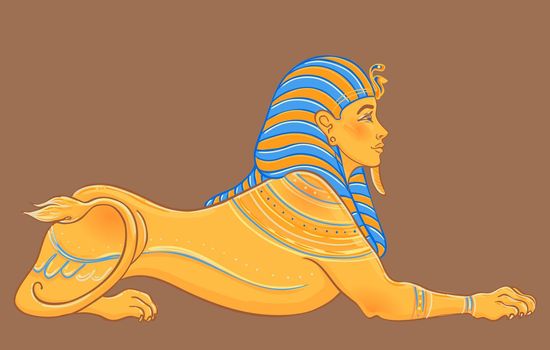 Sphinx, Egyptian mythical creature with head of human, body of lion and wings. Hand-drawn vintage vector outline illustration. Tattoo flash, t-shirt or poster design, postcard.