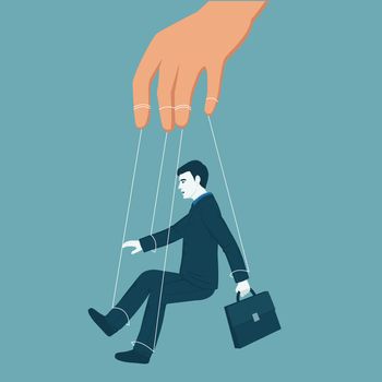 Hand control a marionette businessman, business concept. vector illustration
