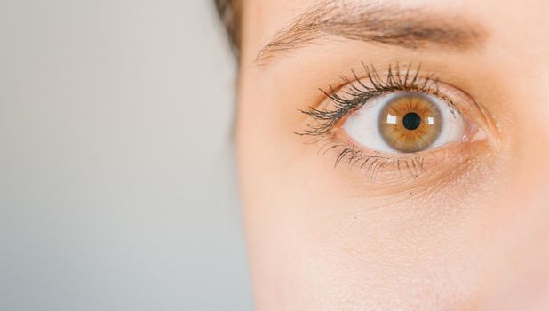 Macro image of human eye with contact lens. Woman's eye close-up. Human eye with long eyelashes with mascara. Cosmetics and makeup.