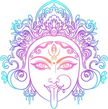 Portrait of Indian Hindi goddess Kali. Female blue head with open moth and out stuck tongue. Destroyer of evil forces. Diety, spiritual art. Vector isolated illustration.