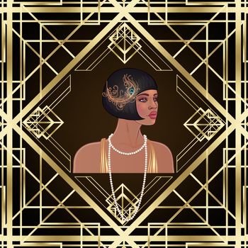 Retro fashion, glamour girl of twenties African American woman. Vector illustration. Flapper 20s style. Vintage party invitation design template.