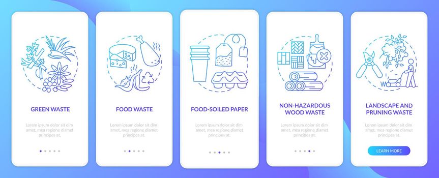 Biodegradable waste types onboarding mobile app page screen with concepts