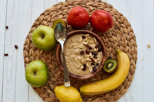 fruit dessert breakfast cereals vitamins organic wood background
