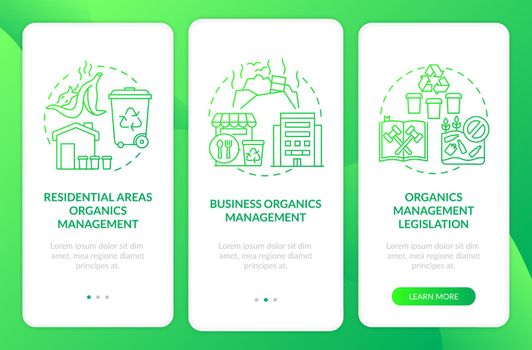 Biodegradable waste diversion onboarding mobile app page screen with concepts