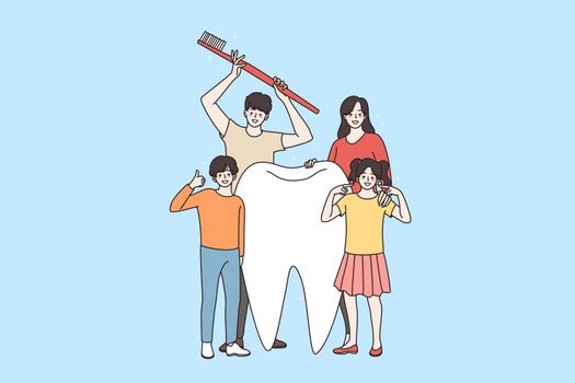 Happy family with children encourage tooth hygiene