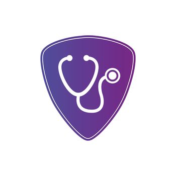 Shield with stethoscope, medical protection healthcare concept. Clinic and Cardiology pictogram. Vector illustration isolated on white background