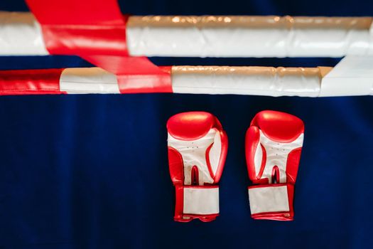 Close-up of red boxing gloves on the floor of a blue boxing ring