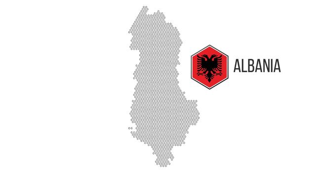 Halftone hexagonal Albania Map with hexagonal flag. Vector geographical map on a white background. Vector mosaic of Albania Map. Vector illustration.