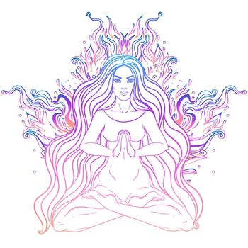 Beautiful Girl sitting in lotus position over ornate colorful neon background. Vector illustration. Psychedelic mushroom composition. Buddhism esoteric motifs.
