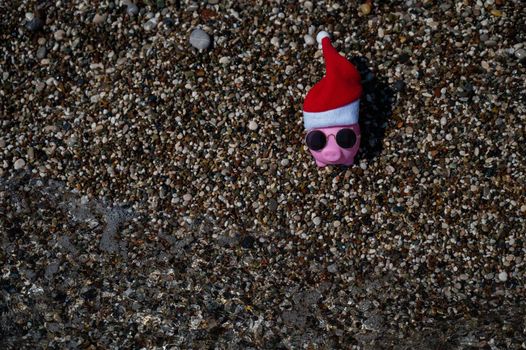 Piggy bank in a hat of santa claus and sunglasses on a pebble beach by the sea.