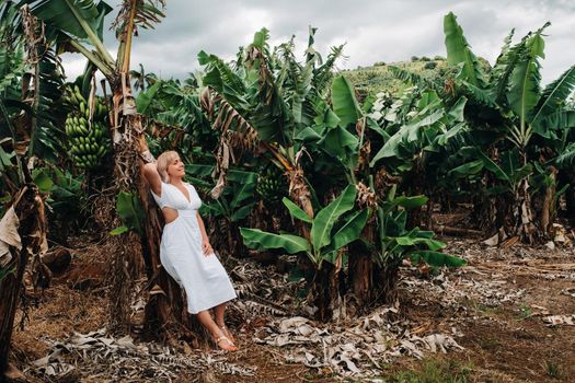 A girl on a banana plantation on the island of Mauritius, a Banana farm on a tropical island, a Girl in a white dress on a plantation in Africa