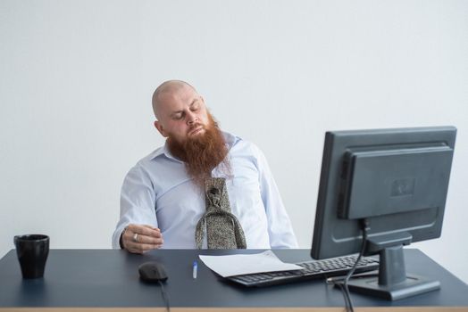 Problems for the office worker. A bald man in a white shirt sits at a desk with a computer and is stressed because of failure. A nervous breakdown.