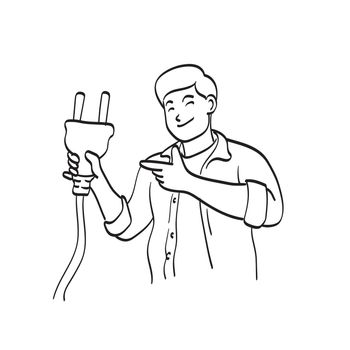 line art half length man holding big electric plug illustration vector isolated on white background