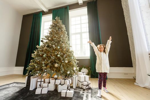 Happy little girl with Christmas tree